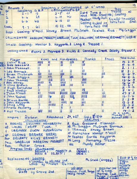 1959 Exercise Book -  Geelong v Collingwood