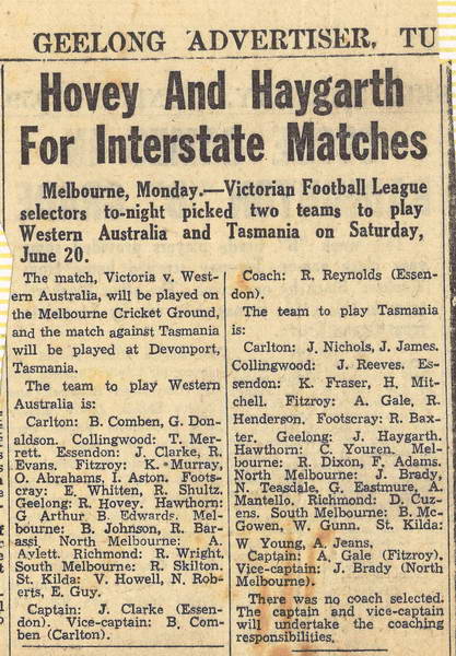 ‘Hovey and Haygarth for interstate matches’, Geelong Advertiser, n.d, circa June 1959