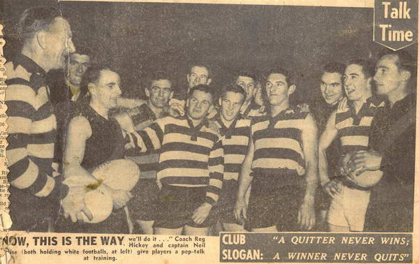 Reg Hickey addressing Geelong players 1959 (John fourth from right)