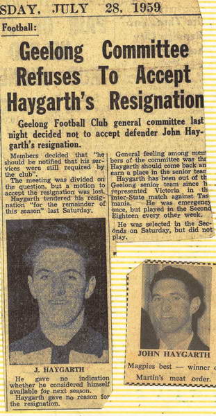 ‘Geelong Committee refuses to accept Haygarth’s resignation’ (Geelong Advertiser July 28, 1959)
