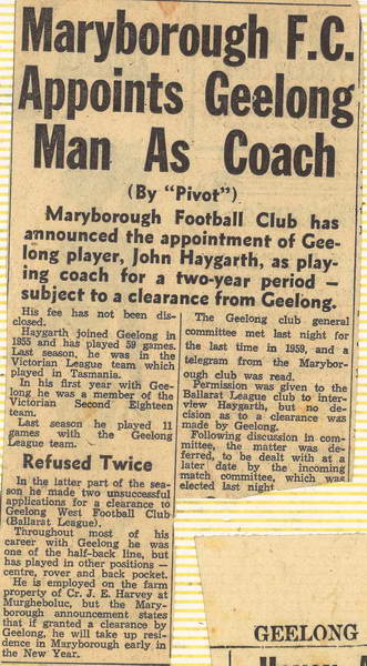  Pivot, ‘Maryborough FC Appoints Geelong Man as Coach’, Geelong Advertiser December 8, 1959 