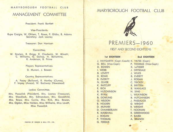  Maryborough Football Club Premiers 1960 (Firsts and Seconds) (card) 