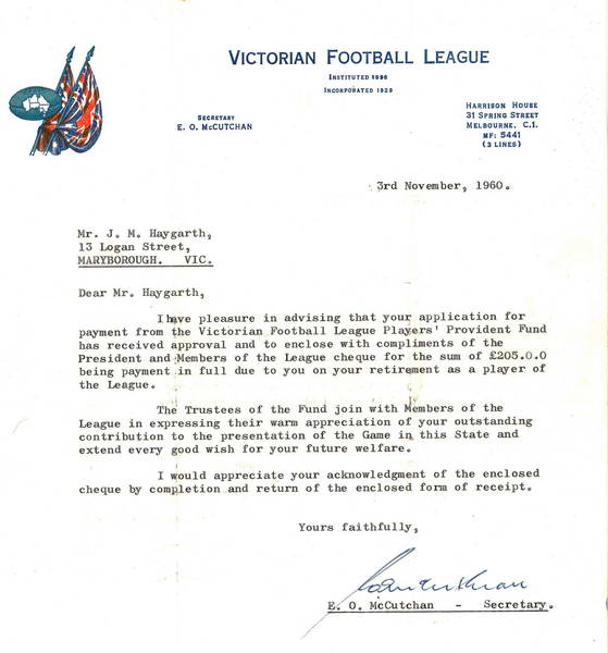  Letter from Eric McCutcheon (VFL) November 3, 1960